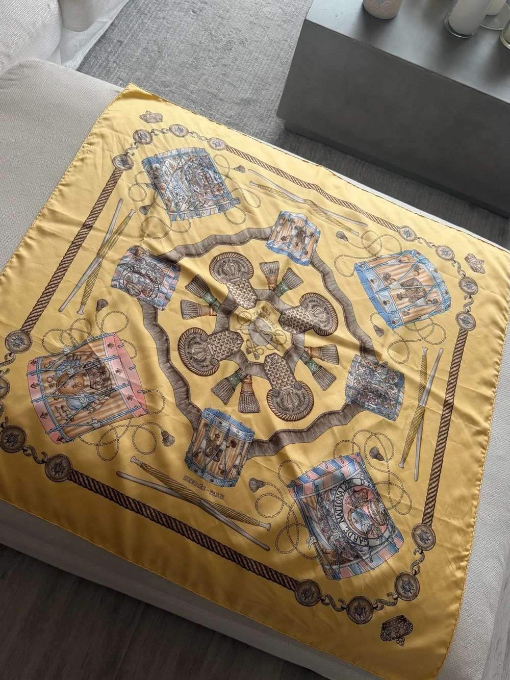 Hermes Yellow Silk Story Scarf with Multicolor Motifs